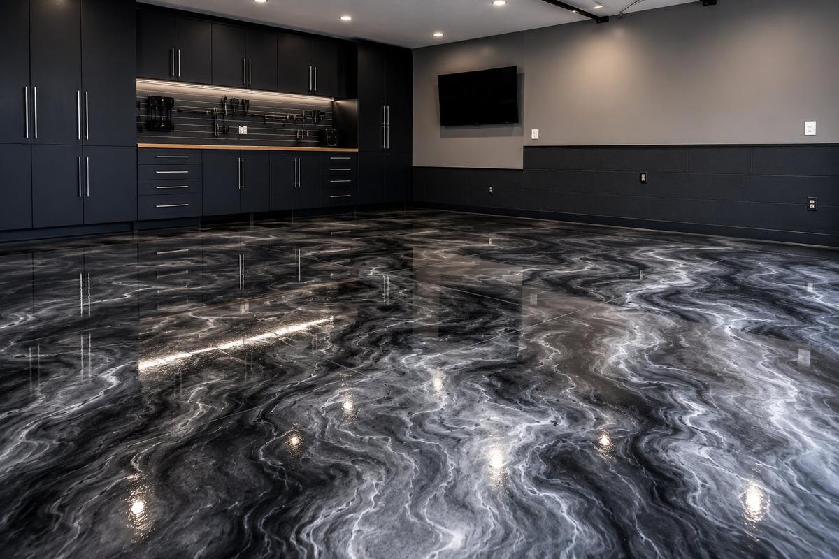 Metallic epoxy floor Boise ID garage with marble swirl